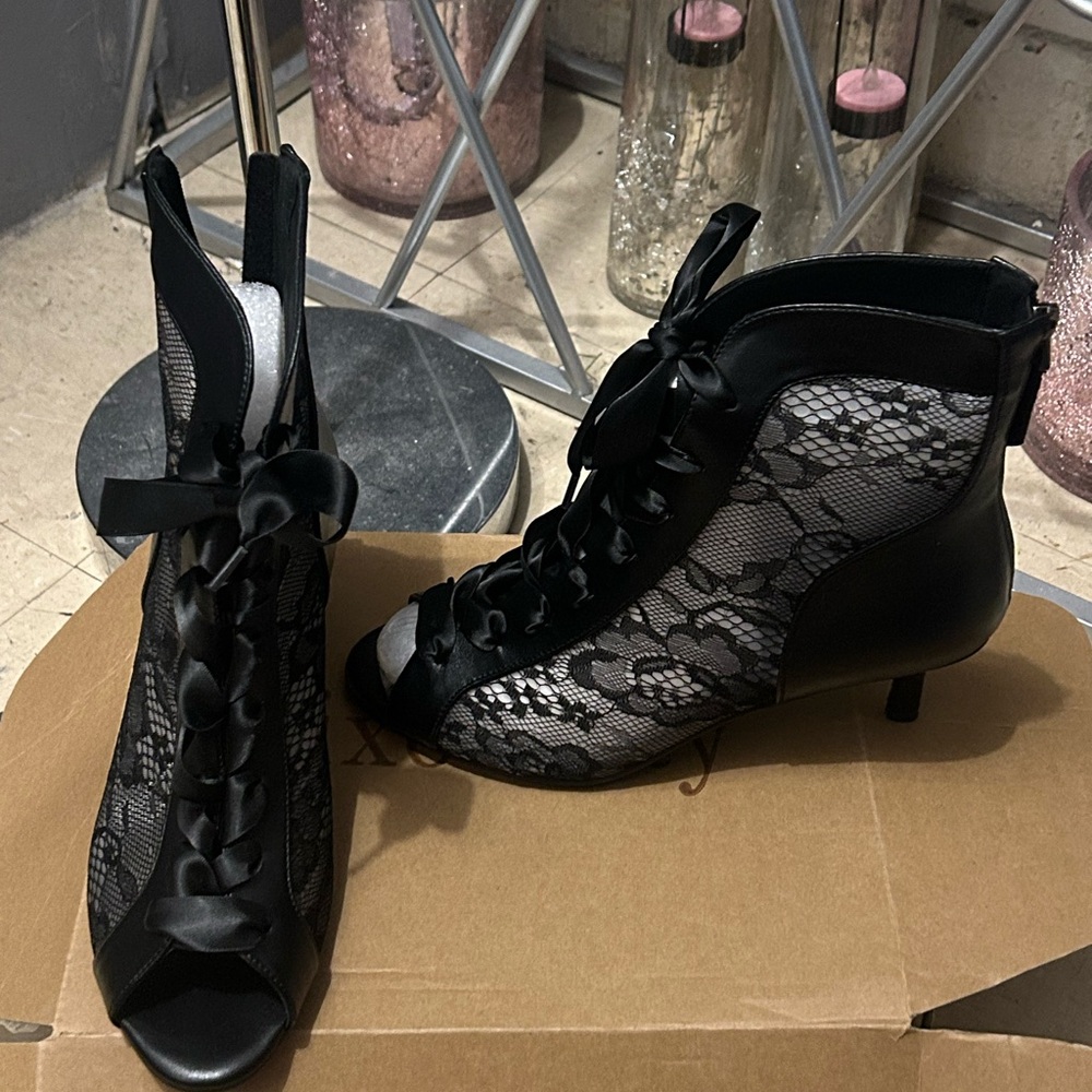 Lace Peep-Toe Ankle Boots - Black